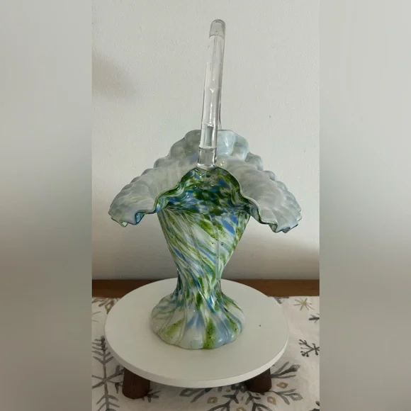 Elegant Fenton Green, Blue and White Glass Bridal Basket - Picture 1 of 6